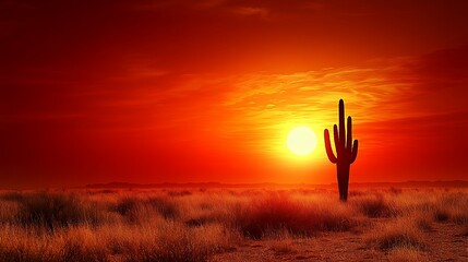 Fototapeta premium Desert sunset, cactus silhouette, fiery sky, arid landscape, travel postcard.