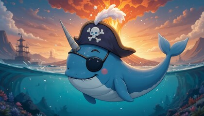 Pixel Art Narwhal Pirate at Sunset