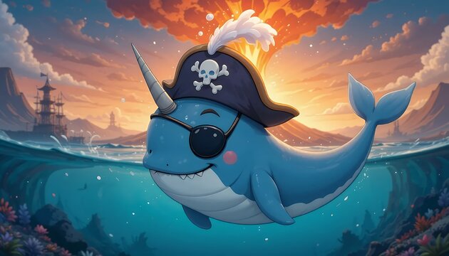Pixel Art Narwhal Pirate at Sunset