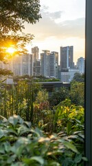 Fototapeta premium Urban Oasis Golden Hour Skyline View from Lush Garden