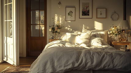 Cozy bedroom with layered bedding and warm sunlight