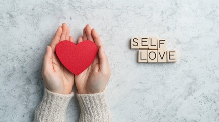 Hands gently holding a red heart with self-love message on a marble surface