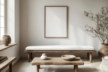 Fototapeta premium Bright room with white bench, wood table, and mockup poster set at an unusual angle, perfect for ad spaces.