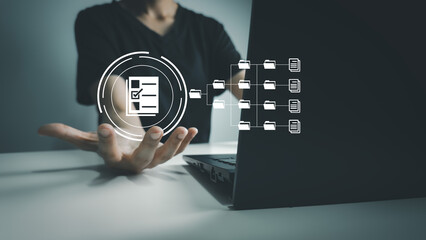 Document Management System, Officer using laptop manage files, Online document database management, automated processes to manage system, ERP enterprise efficient, business technology