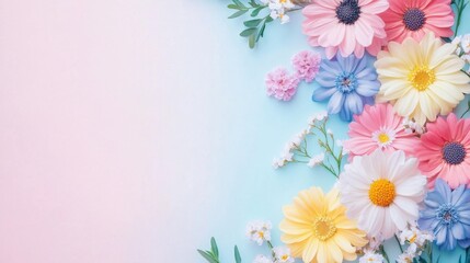 Serene Floral Pastel Background with Colorful Blooms and Ample Note Space