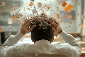 Stressed man with papers flying around, depicting chaos and anxiety.