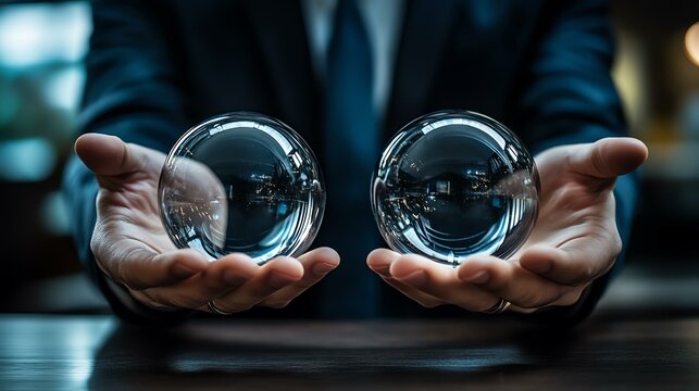 Close-up of hands holding crystal balls, symbolizing foresight and clarity in business.