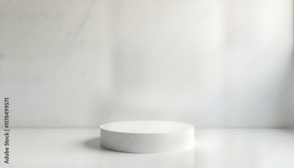Poster empty white round podium stands in simple studio scene. clean, minimal design perfect for product pr