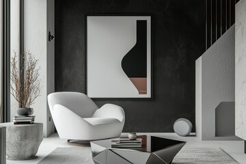 Contemporary room featuring a simple white armchair, geometric coffee table, and a tilted poster frame for modern flair.