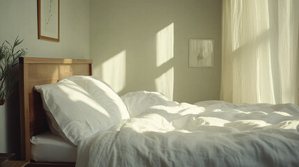 Minimal bedroom with white bedding on natural wooden bed