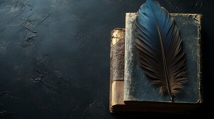 Antique books, quill pen, dark background; writing, reading, history, education concept.