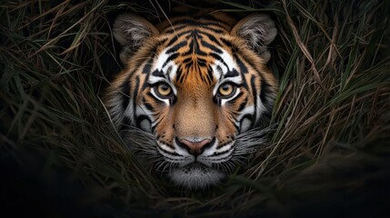 Fototapeta premium A majestic tiger resting in tall grass, its eyes focused directly on the camera