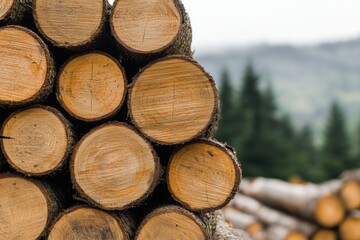 Fototapeta premium Forest logging operations stacked timber and sustainability in the outdoor environment