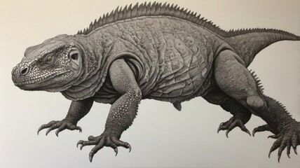 Fototapeta premium ink on paper drawn iguana on a rock