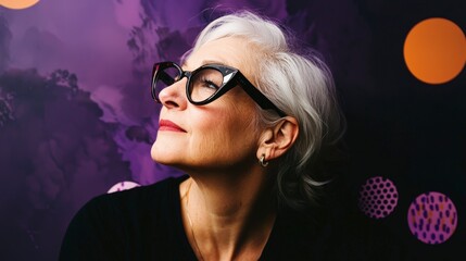 Stylish Senior Woman  Profile  Pop Art Background  Cat Eye Glasses