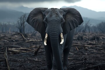 Fototapeta premium Surviving the flames endangered elephant in devastated forest fire aftermath - a wildlife photography close-up