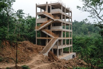 Construction progress of modern building in forested area architectural photography outdoor environment perspective