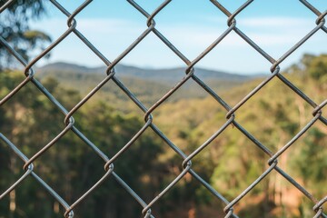 Fototapeta premium Exploring nature's beauty through a chain link fence scenic landscape serene environment outdoor view