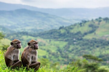 Playful monkeys enjoying scenic view mountain range wildlife photography lush environment close perspective