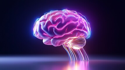 Illuminated 3D human brain model with glowing neural pathways.