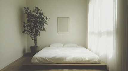 Minimalist bedroom with crisp white bed and potted plant by window
