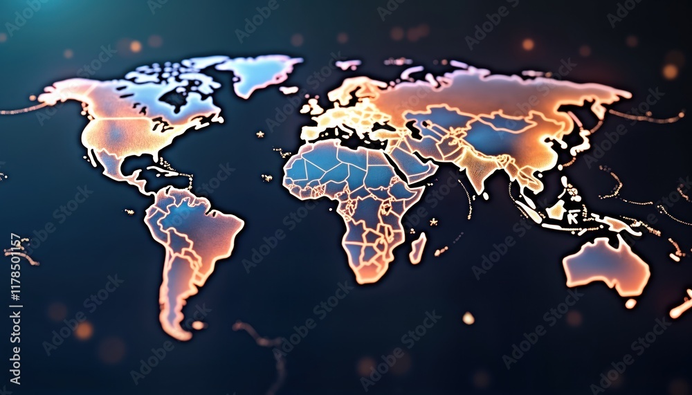 Poster Global world map with glowing outlines of countries. Futuristic tech concept. International communication network. Global business connections. Digital planet. Shows worldwide interconnectedness.