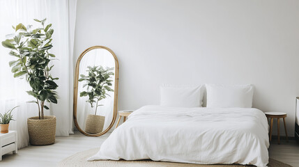 Minimalist bedroom with strategic mirror placement and cozy atmosphere