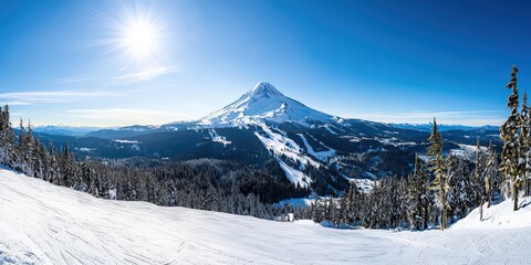 Fototapeta premium A majestic view of a snow-covered volcano under a bright, clear sky