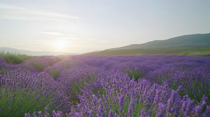Fototapeta premium Tranquil lavender fields under a clear daytime sky, with rows of purple flowers stretching to the horizon. Captures the tranquility and beauty of nature