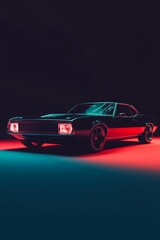 Fototapeta premium A black car with red lights on the front. The car is in a dark room with a blue background