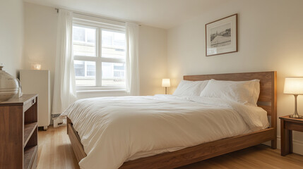 Minimalist bedroom with wooden bed frame and white bedding