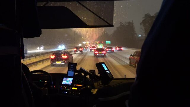 Stockholm, Sweden The view from a bus driving on a snowy E4 highway in the winter. 