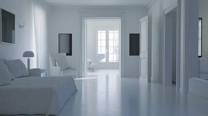 Fototapeta premium Minimalist luxury white bedroom with soft, airy ambiance