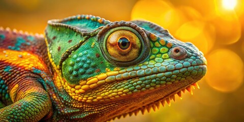 Obraz premium Chameleon Closeup: Vibrant Scales, Warm Lighting, Rule of Thirds Photography