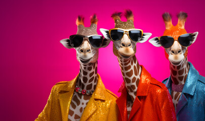 Creative animal concept. Group gang of giraffe in sparkly rock punk neon bright colour outfit, copy text space. commercial, editorial advertisement party invitation invite	
