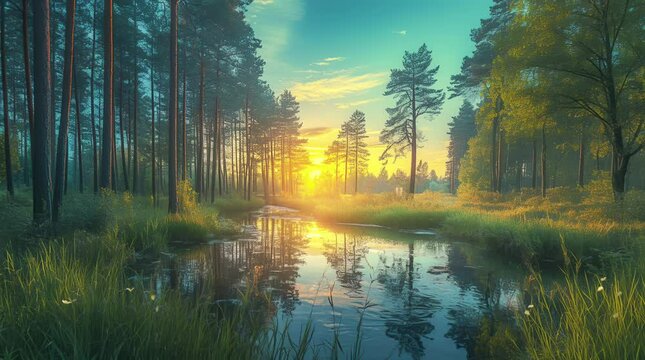 Peaceful lake surrounded by a lush forest under a glowing sunset sky  
Seamless looping 4k time-lapse virtual video animation Generated AI
