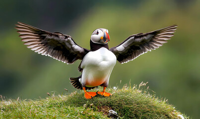 Obraz premium A bird with orange beak and orange feet is standing on a grassy hill