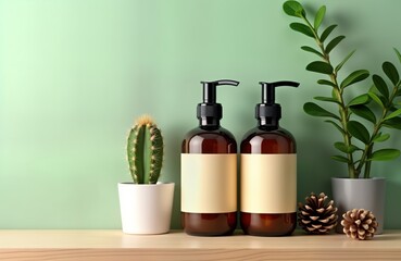 Natural spa cosmetics bottles on wooden shelf against green background. Empty labels for mockup design. Cactus, plants add organic touch. Mockup ideal for eco-friendly beauty products. Natural