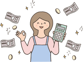 電卓を持っているお金持ちの女性単色