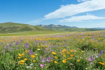 Obraz premium Vibrant wildflower meadow under a clear blue sky with distant mountains in the background during daylight