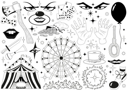 Hand drawn design set of line art circus symbols and items with clowns, carnival tents, carousel, balloon isolated on white. Vector cartoon illustration
