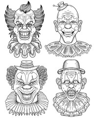 Hand drawn design set of line art crazy clowns with scary painted faces, red lips, funny hair for mascot, t-shirt, stickers, clipart isolated on white. Vector cartoon illustration