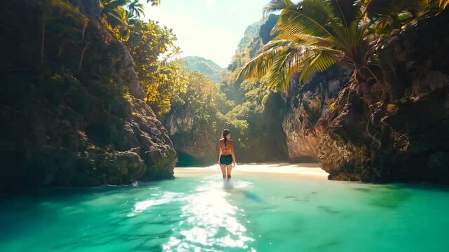 A woman stands on a pristine tropical beach surrounded by turquoise waters, rocky cliffs, and lush greenery. A tranquil escape to a secluded paradise, perfect for relaxation and exploration