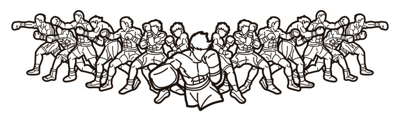 Group of Boxer Boxing Sport Kickboxing Muay Thai  Mix Action Cartoon Outline Graphic Vector