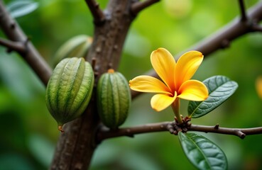 Close-up view of vibrant green cacao pods, beautiful bright yellow flower on tropical tree. Pods hang from branch against backdrop of out-of-focus plants. Natural sustainable agriculture botany