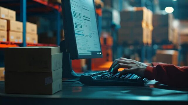 A close-up of a warehouse worker's hands typing on a computer, managing inventory and logistics in a storage facility. The dimly lit background highlights shelves stacked with boxes, emphasizing 