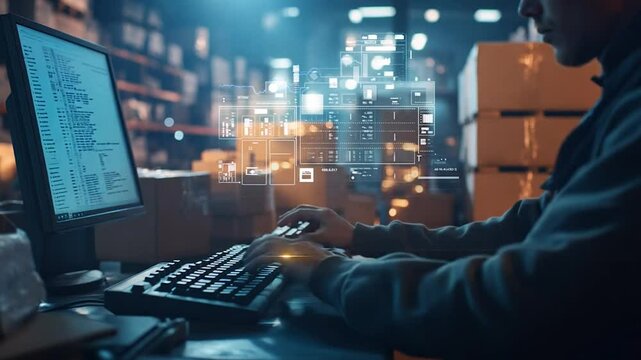 Modern warehouse worker using advanced technology and digital interfaces to manage logistics and inventory in a high-tech storage facility. The scene highlights the integration of technology in supply