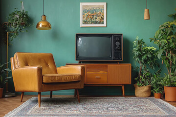 Fototapeta premium A cozy vintage living room showcasing a mid-century modern chair, wooden coffee table, and a retro television set. Perfect for themes of nostalgia, retro style