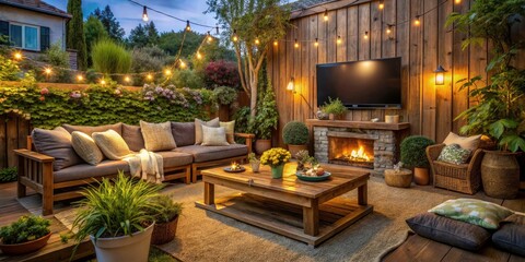 Obraz premium Cozy Farmhouse-Style Backyard with Sofa and Fireplace for Relaxation and Entertainment in Low Light
