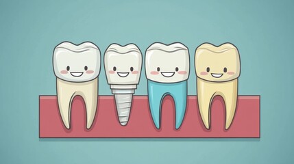 Cartoon-style illustration of smiling teeth, including an implant, on a red background.